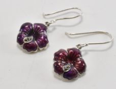 PAIR OF SILVER & ENAMEL HIBISCUS FLOWER EARRINGS