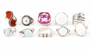 GROUP OF TEN SILVER STONE SET RINGS