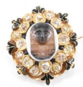 EGYPTIAN REVIVAL AGATE CAMEO DIAMOND GOLD ENAMEL BROOCH