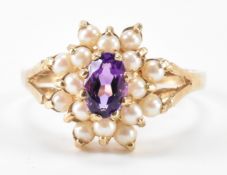 HALLMARKED 9CT GOLD AMETHYST & SEEDPEARL RING