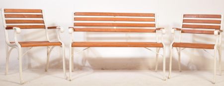 METAL & TEAK GARDEN FURNITURE - BENCH & PAIR OF CHAIRS