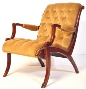 VINTAGE VELVET UPHOLSTERED & MAHOGANY EASY CHAIR