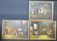 VINTAGE 20TH CENTURY TRIPTYCH PAINTING OF THREE GLOOMY SCENES