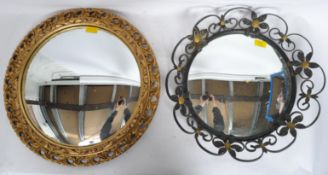 TWO VINTAGE GILT WOOD & METAL CONVEX WALL MIRRORS