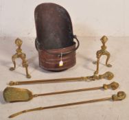 EARLY 20TH CENTURY COAL SCUTTLE & ORNATE BRASS FIRESIDE SET