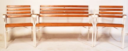 METAL & TEAK GARDEN FURNITURE - BENCH & PAIR OF CHAIRS
