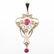 EDWARDIAN ART NOUVEAU 9CT GOLD RUBY & SEED PEARL PENDANT
