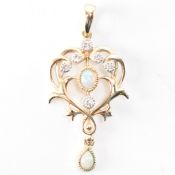 HALLMARKED 9CT GOLD OPAL & DIAMOND ART NOUVEAU STYLE PENDANT
