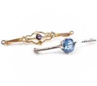 VICTORIAN PURPLE STONE & SEED PEARL BROOCH & BLUE PASTE BROOCH