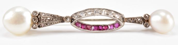 EDWARDIAN NATURAL PEARL DIAMOND & RUBY BROOCH
