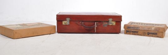 VINTAGE LEATHER SUITCASE WITH ANOTHER & ADVERTSING BOXES