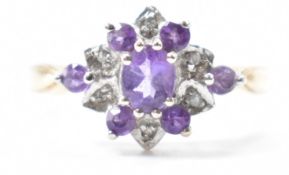 HALLMARKED 9CT GOLD AMETHYST & DIAMOND CLUSTER RING