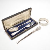 ASSORTMENT OF SILVER - BUTTON HOOK & BANGLE