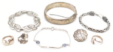 FOUR SILVER BRACELETS RINGS & BROOCH