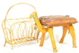 RETRO MID CENTURY CAMEL STOOL & BAMBOO MAG RACK