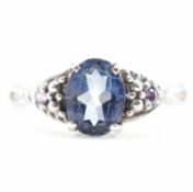 HALLMARKED 9CT WHITE GOLD & BLUE STONE RING