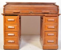 1920S TAMBOUR FRONTED OAK ROLL TOP TWIN PEDESTAL DESK