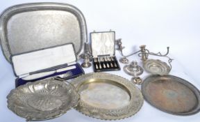 COLLECTION OF SILVER PLATE - FISH SET - TRAYS - FLATWARE