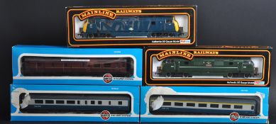 TWO MAINLINE 00 GAUGE MODEL RAILWAY LOCOMOTIVES & AIRFIX CARRIAGES