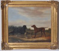 OIL ON CANVAS PAINTING OF DOGS IN OPEN FIELD