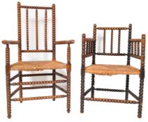 PAIR OF 19TH CENTURY ARTS AND CRAFTS BOBBIN ARMCHAIRS