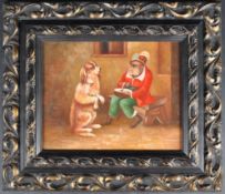 20TH CENTURY OIL ON BOARD NAIVE PAINTING OF A DOG AND MONKEY