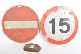 MOTORING INTEREST - TWO VINTAGE ROAD SIGNS AND CATS EYE