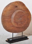 ANTIQUE CARVED WOODEN RUSTIC CART WHEEL DISPLAYED ON STAND