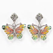 PAIR OF SILVER & PLIQUE A JOUR ENAMELLED BUTTERFLY EARRINGS