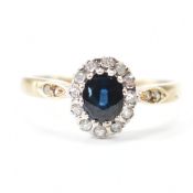HALLMARKED 9CT GOLD DIAMOND & BLUE STONE HALO RING