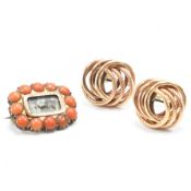 PAIR OF VINTAGE GOLD KNOT EARRINGS & ANTIQUE MOURNING BROOCH