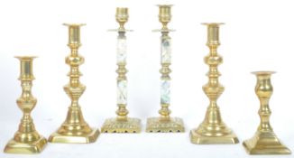 THREE PAIRS OF 19THC CENTURY & LATER BRASS CANDLESTICKS