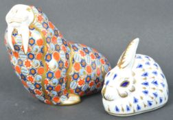 TWO CROWN DERBY BONE CHINA PAPERWEIGHTS - RABBIT & WALRUS