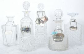 COLLECTION OF FIVE VINTAGE 20TH CENTURY GLASS DECANTERS
