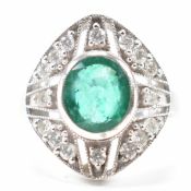 WHITE GOLD EMERALD & DIAMOND ART DECO STYLE RING