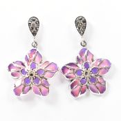 PAIR OF SILVER MARCASITE & PLIQUE A JOUR FLOWER EARRINGS
