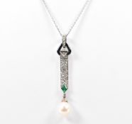 ART DECO ONYX PLATINUM & EMERALD PEARL NECKLACE