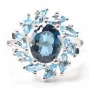 HALLMARKED 9CT WHITE GOLD & BLUE STONE RING