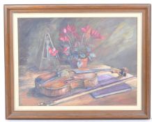 CHARLOTTE M. LAURIE - OIL ON BOARD STILL LIFE WITH VIOLIN