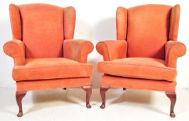 PAIR OF RETRO VINTAGE UPHOLSTERED WING BACK ARMCHAIRS