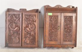 TWO VICTORIAN 19TH CENTURY CARVED OAK HANGING SMOKERS' CABINETS