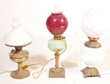 THREE VICTORIAN & LATER GLASS & BRASS OIL LAMPS