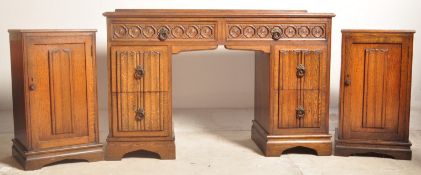 VINTAGE JACOBEAN REVIVAL OAK BEDROOM DRESSER & BEDSIDE TABLE