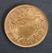 SWITZERLAND HELVETIA GOLD 20 FRANC 1935 COIN