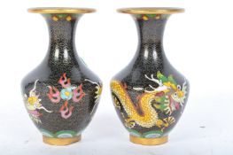 A PAIR OF BLACK CLOISONNE CHINESE VASES