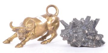 20TH CENTURY BRASS BULL FIGURE & CAST METAL SHELL POT