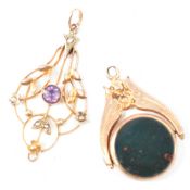 ART NOUVEAU GOLD & AMETHYST PENDANT & SWIVEL FOB