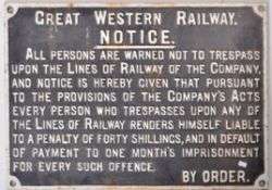 CAST IRON GREAT WESTERN RAILWAY NOTICE SIGN