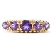 HALLMARKED 9CT GOLD & AMETHYST 5 STONE RING