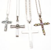 FOUR VINTAGE SILVER CRUCIFIX / CROSS PENDANT NECKLACES